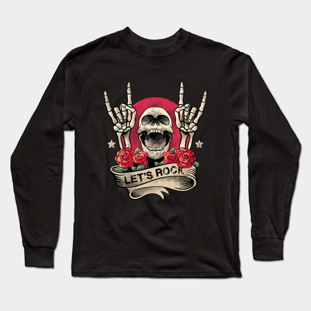 Lets Rock Rock&Roll Skeleton Hand Vintage Retro Rock Concert Long Sleeve T-Shirt by MerchBeastStudio